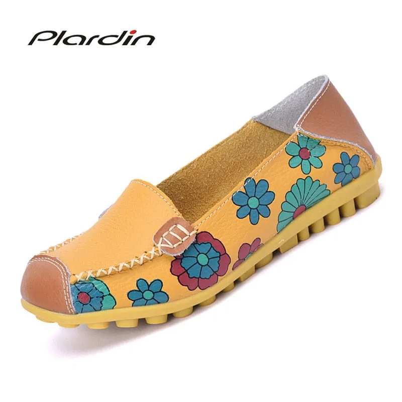 Plardin 2019 Appliques Ballet Summer Flower Print Women Genuine Leather Shoes Woman Flat Flexible Nurse Peas Loafer Flats