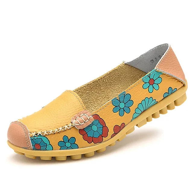 Plardin 2019 Appliques Ballet Summer Flower Print Women Genuine Leather Shoes Woman Flat Flexible Nurse Peas Loafer Flats