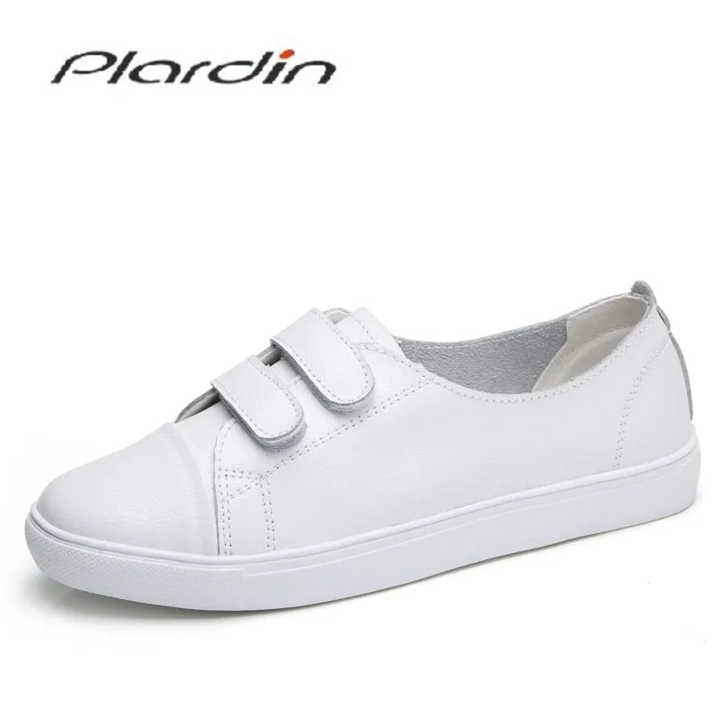 Plardin New Women Leisure Concise Fashion Comfortable Hook&Loop Shoes Woman Leather Flats Sneaker Women Light Shoes Ladies Shoes