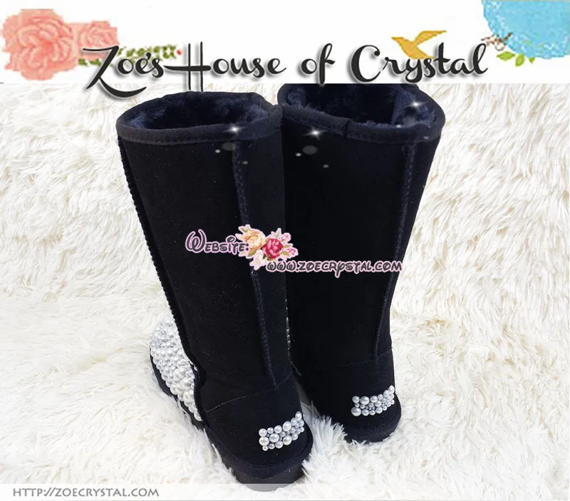 PROMOTION WINTER Bling and Sparkly Black Tall SheepSkin Wool BOOTS w Creamy white pearls