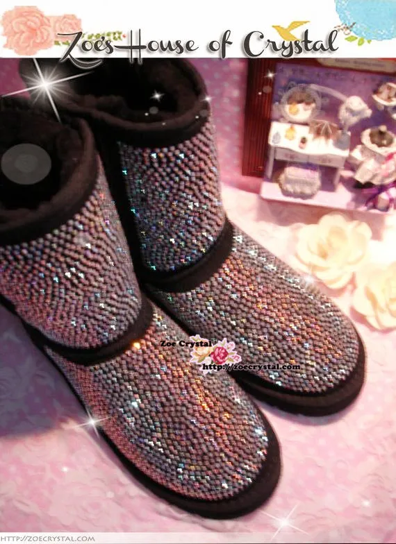 PROMOTION WINTER Bling and Sparkly Strass Black SheepSkin Wool BOOTS w shinning Crystals