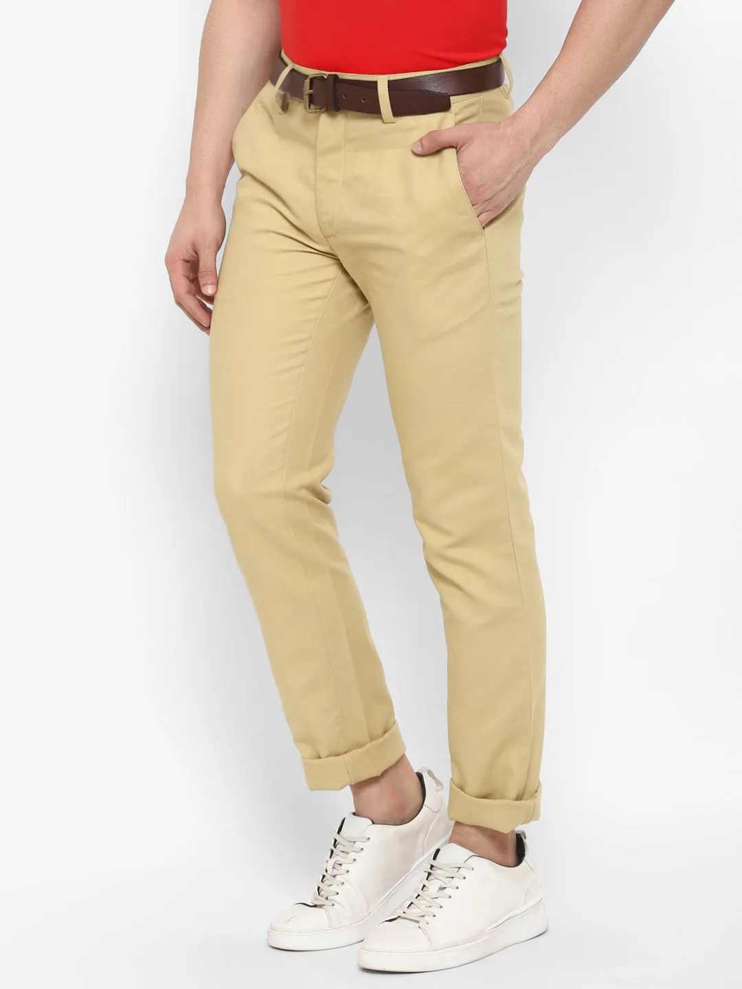 Solid Beige Slim Fit Causal Trouser