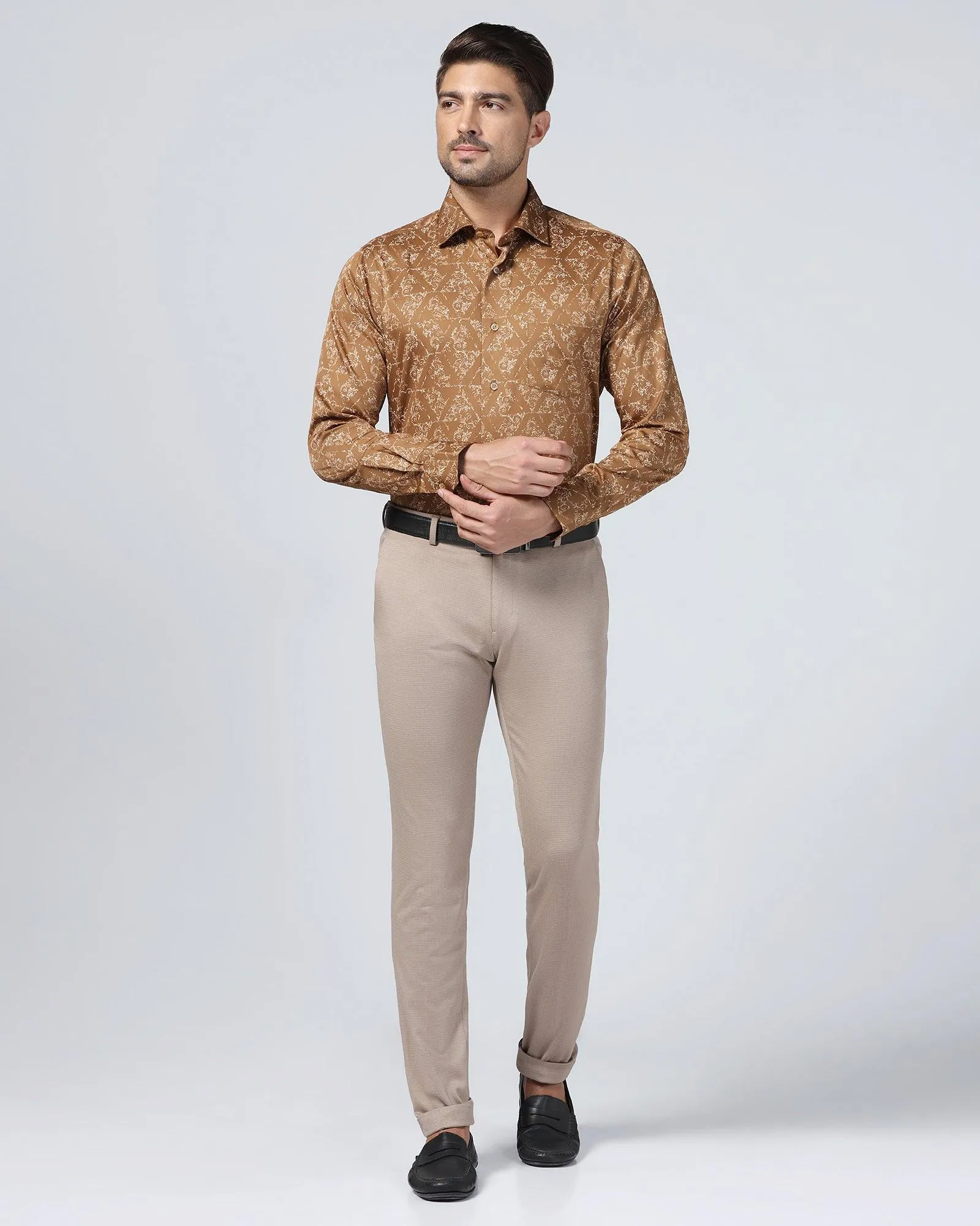 Super Slim Phoenix Formal Beige Stripe Trouser - Cooper