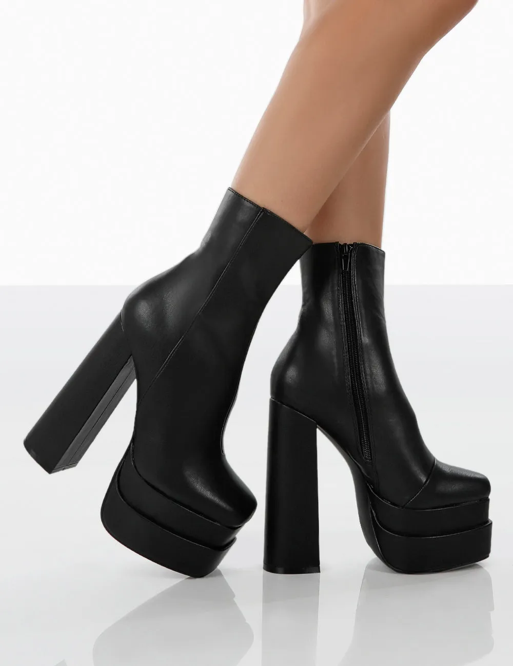 Supine Wide Fit Black Pu Chunky Platform High Heeled Block Ankle Boots