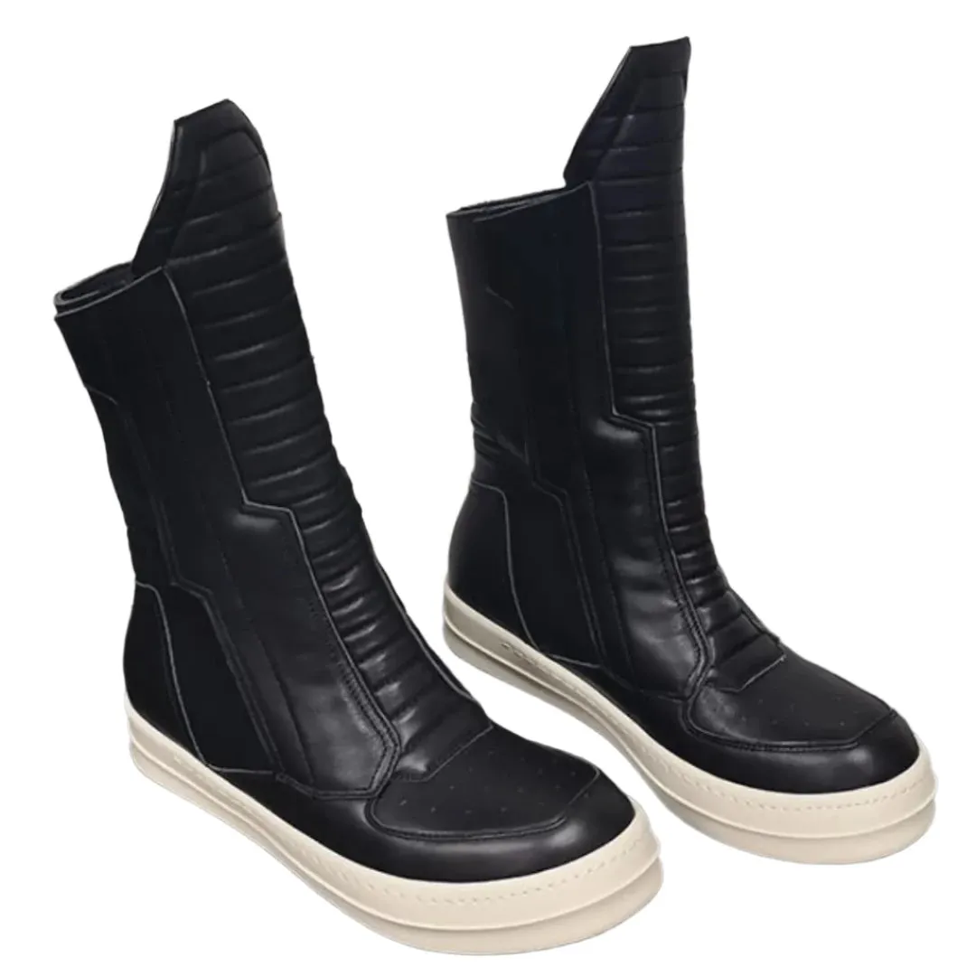 TEEK - Motorcycle Leather Luxury Mid-Calf Zip Flats Boots