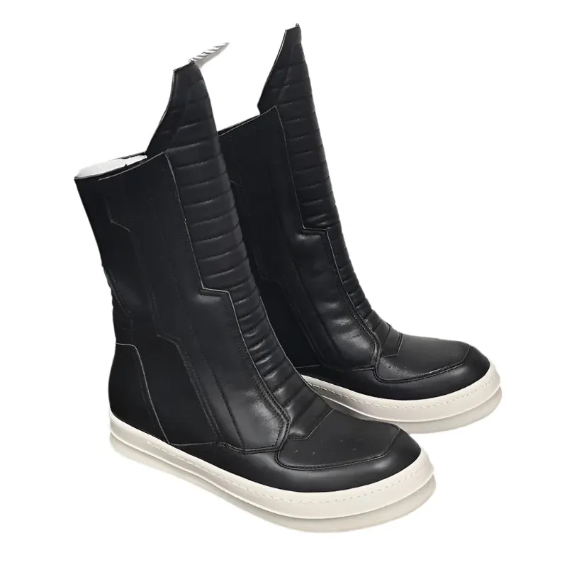 TEEK - Motorcycle Leather Luxury Mid-Calf Zip Flats Boots