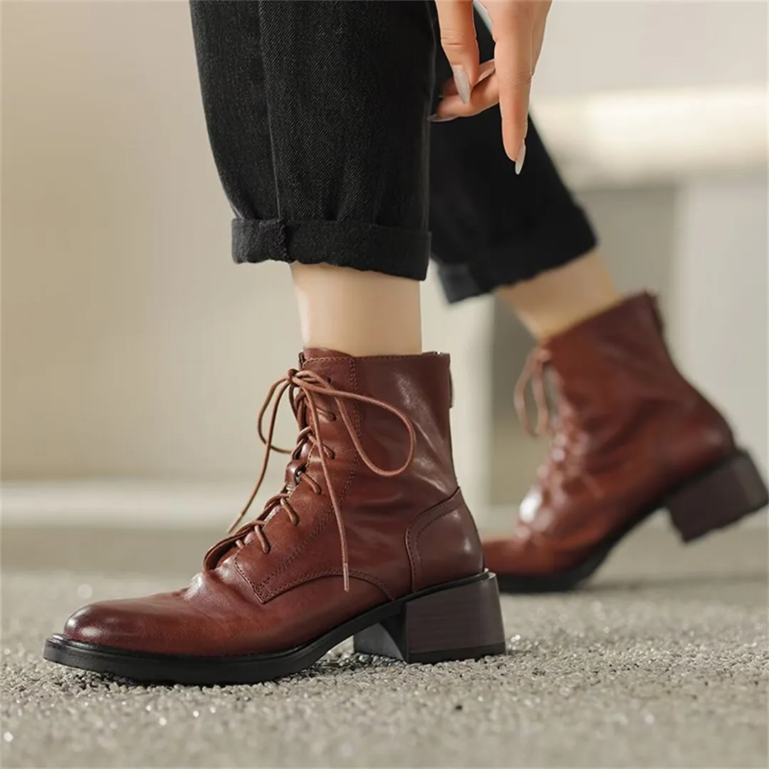 Trendy Short Lace-Up Leather Boots