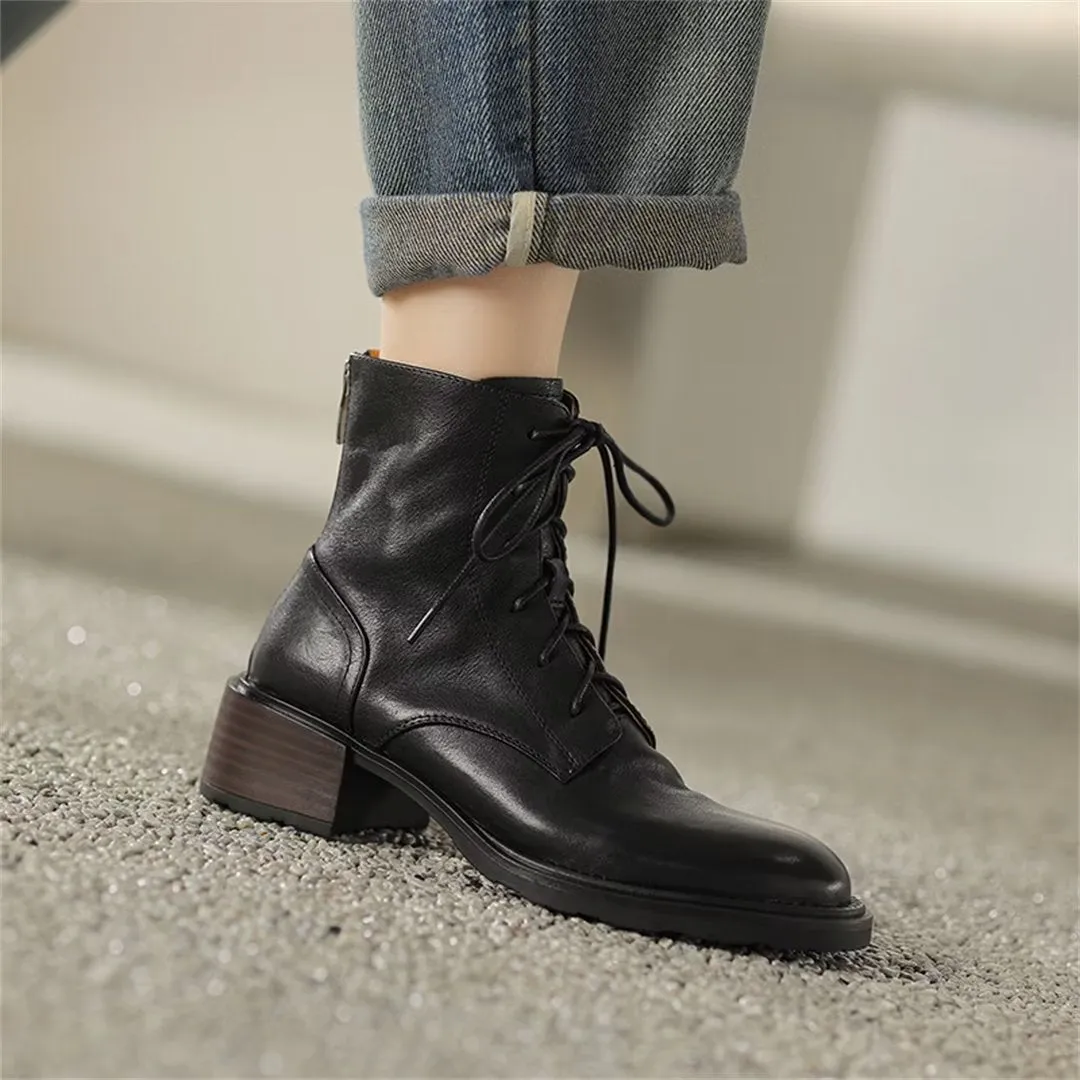 Trendy Short Lace-Up Leather Boots