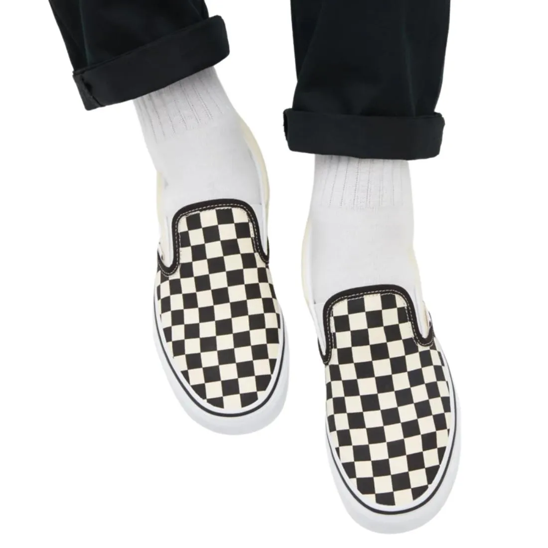 Vans Men's Classic Slip-On Skate Shoes - Black & White Checkerboard/White