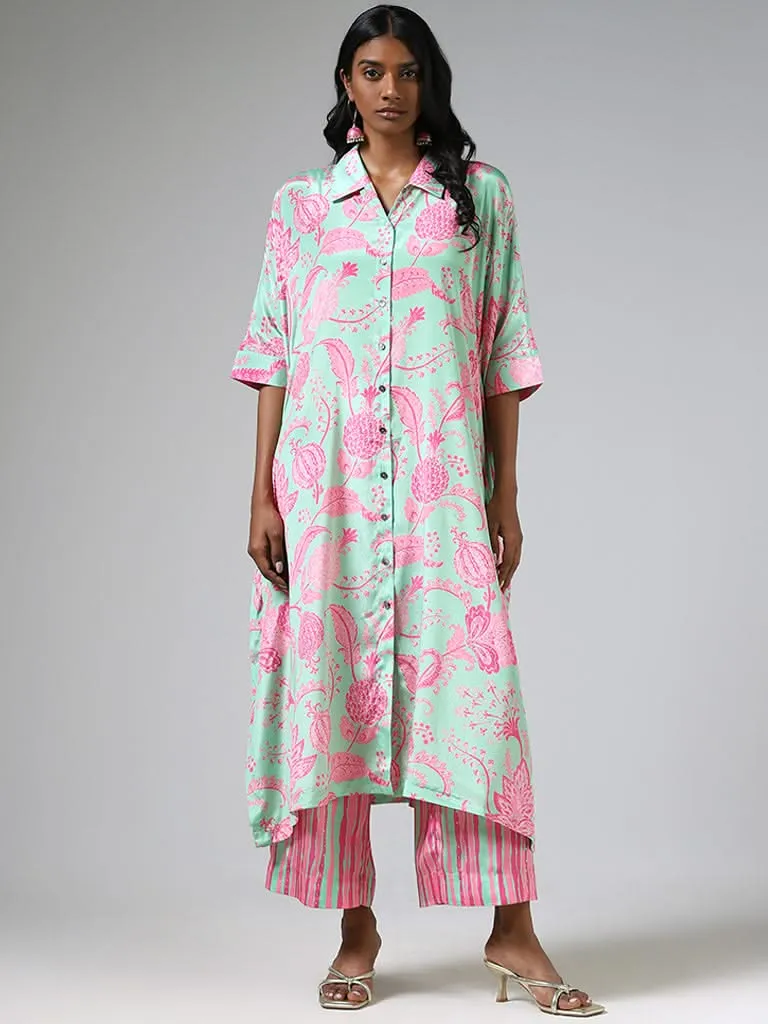 Vark Green Button Down Printed Kurta & Straight Pants Set