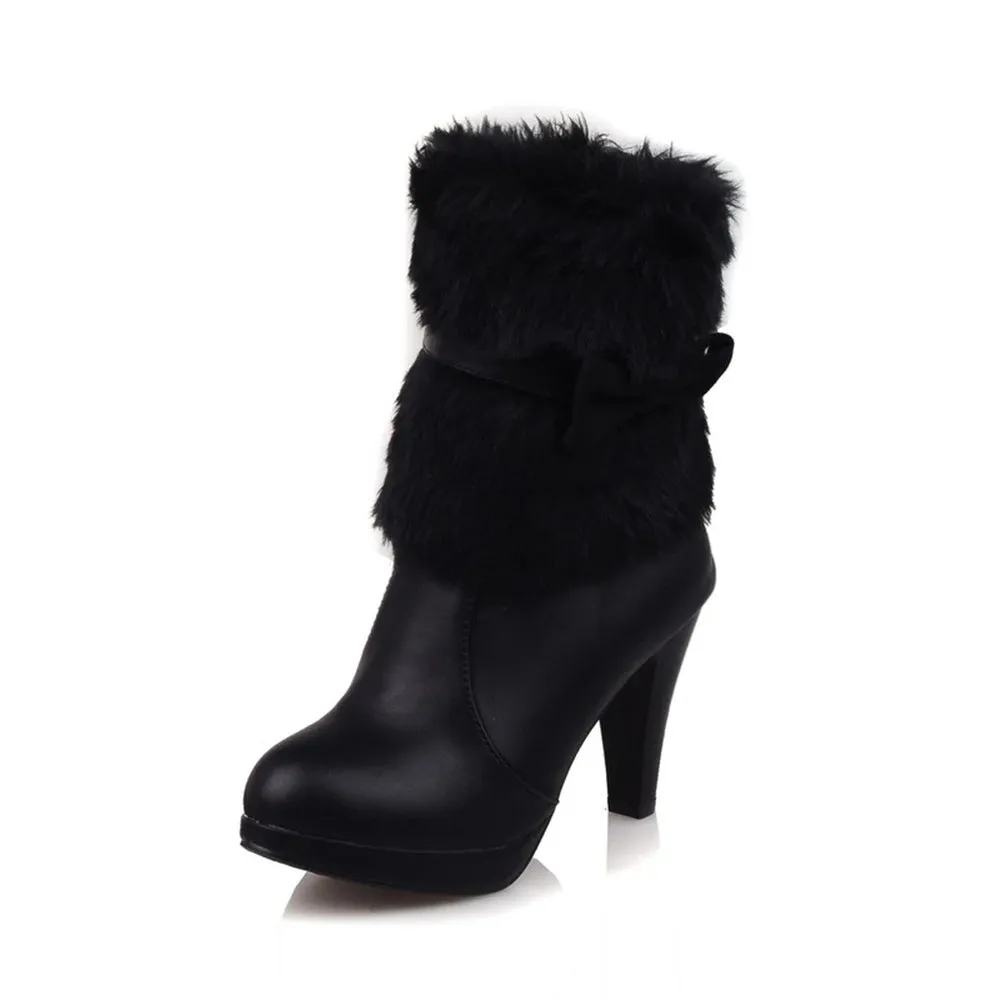 Women's Fashion Faux Fur High-heeled Boots Bowtie Ladies Party Wedding Shoes