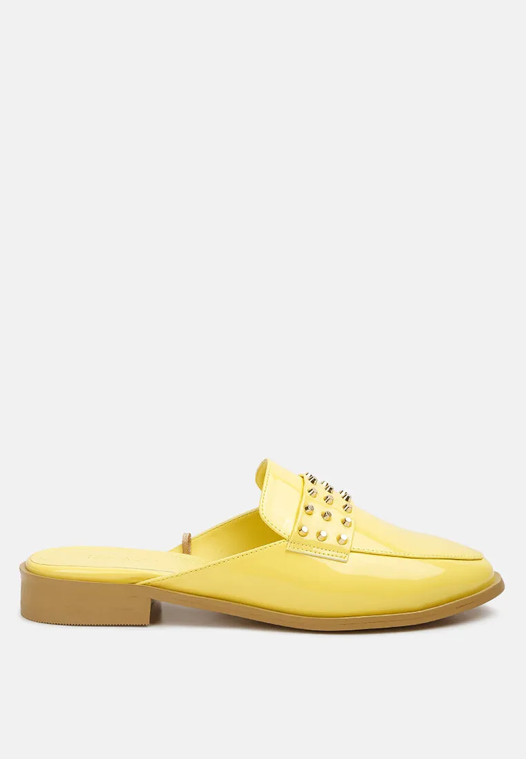 YASHTA Yellow Patent Studded Flat Mules